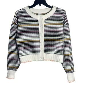 Maeve Women Multicolor Houndstooth Striped Cropped Button Front Cardigan Size M